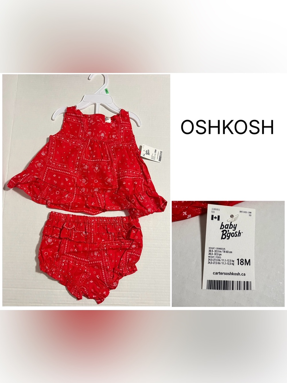 OSHKOSH - 18M - NWT - INFANT GIRLS 2PC RED WHITE FLYAWAY TANK AND BLOOMER SET